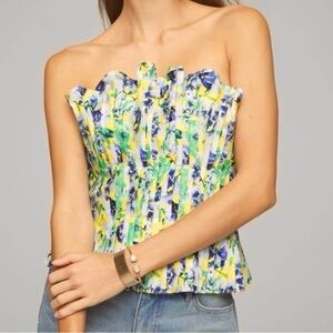 WHBM Floral Ruffle Bustier Top 6 Pleated Blue Yellow Peplum NWOT